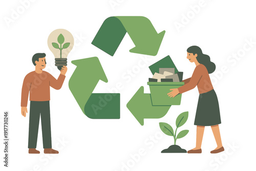A flat illustration featuring a man and a woman promoting environmental sustainability with a large recycling symbol, a green energy lightbulb, and a bin of recyclable materials.