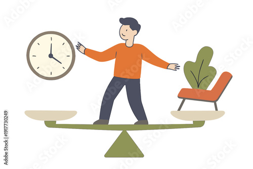 A man stands on a balance scale, managing time represented by a clock on one side and relaxation shown by a chair and plant on the other, illustrating work-life balance concepts.
