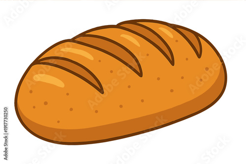 A cartoon illustration of a golden brown loaf of bread with five diagonal slashes on top, set against a solid black background. The bread has a textured crust with small dots.