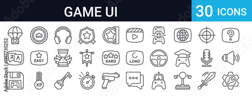30 thin line game interface icons including controllers, settings, sound, microphone, loading, aim, coins, shields, and more. Perfect for gaming apps and UI design.