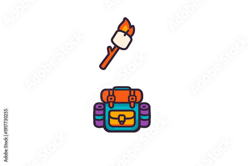 A colorful vector illustration featuring a marshmallow on a stick being roasted over a flame and a detailed camping backpack with rolled mats on the sides against a black background.
