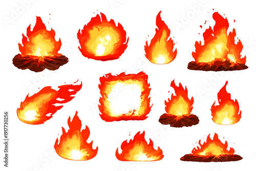 A collection of various fire and flame effects isolated on a black background. The set includes fireballs, explosions, and burning plumes in vibrant shades of orange and yellow.