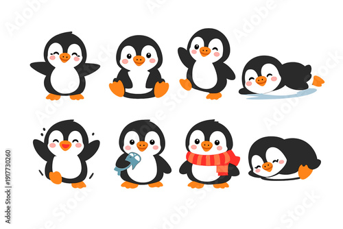 Eight adorable cartoon penguins are shown in different poses such as waving, sliding on ice, and holding a fish. This vector illustration features cute characters on a black background.