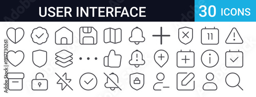 Collection of 30 thin line user interface icons including search, calendar, notifications, warnings, navigation and common UI elements. Perfect for web and app design.