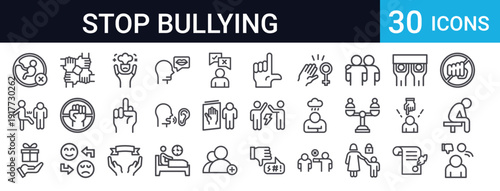 30 thin line icons covering bullying awareness, mental health, depression, harassment, and anti-bullying activism. Perfect for educational, social campaigns and websites.