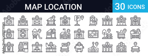 30 thin line location icons including car service, zoo, veterinary, airport, gas station, parking, police, shopping mall, school, bank and more urban places.