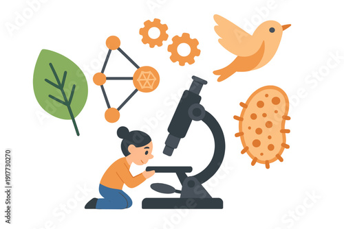 A young female scientist uses a microscope in this flat vector illustration featuring biological symbols like a leaf, a bird, a cell, and a molecular structure on a black background.