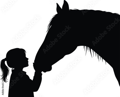 Horse and human silhouette, animal bond, friendship art, black design, pet connection, equestrian illustration, vintage style, emotional relationship icon