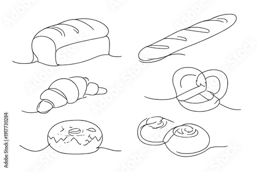 A collection of six minimalist white line drawings of bakery items including a loaf of bread, baguette, croissant, pretzel, donut, and cinnamon rolls on a solid black background.