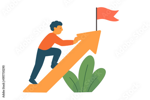 A flat vector illustration of a man in an orange shirt climbing a large upward-pointing arrow towards a red flag at the peak, symbolizing business growth and personal achievement.