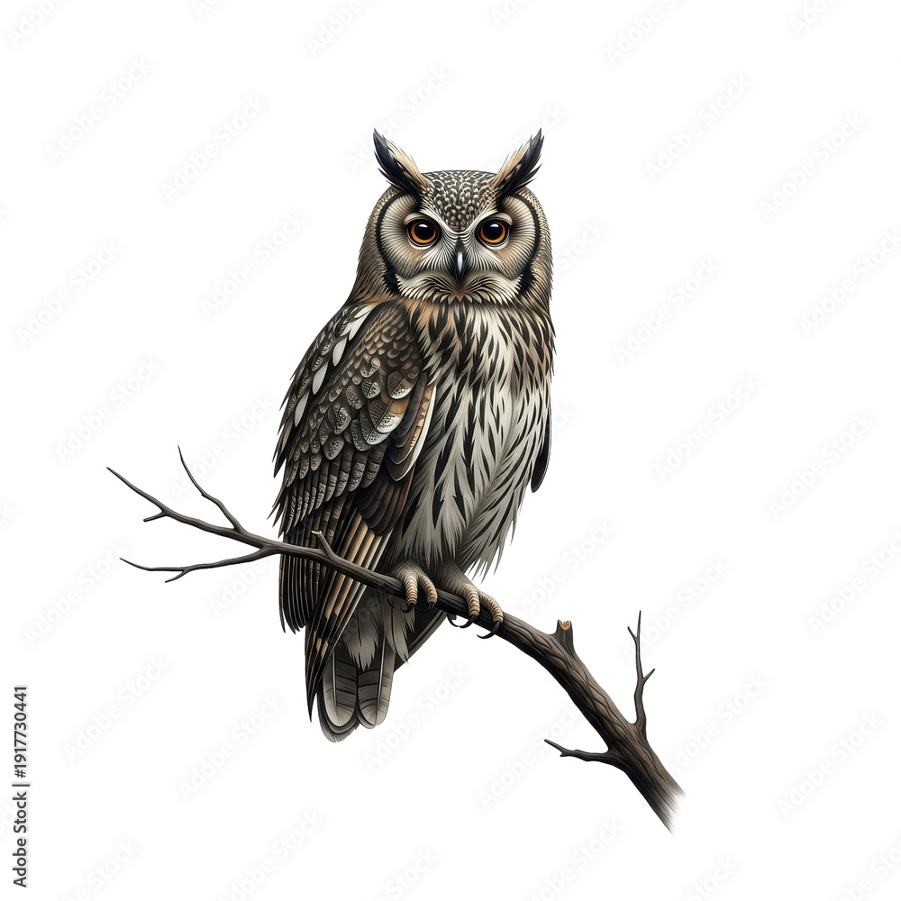 Fototapeta premium Long eared owl sitting on branch isolated black