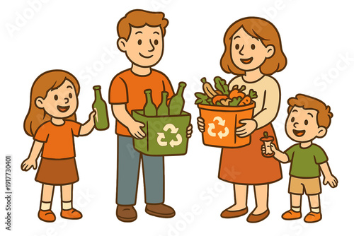 A happy family of four participates in recycling activities. The father holds a bin of glass bottles while the mother carries organic waste, teaching their children about sustainability.