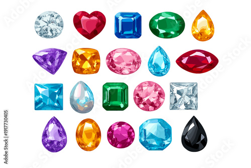 A collection of twenty faceted gemstones in various shapes and vibrant colors including red, blue, green, and yellow, arranged in a grid pattern against a solid black background.