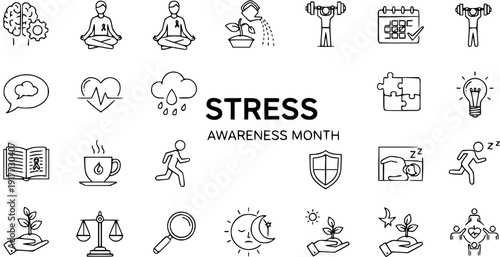 Stress Awareness Month Icons: Mental Health  Wellbeing Theme