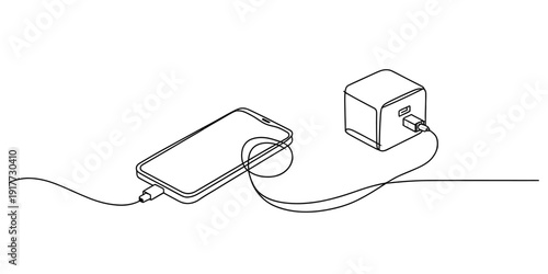 Line drawing of a smartphone connected to a wall power adapter with a charging cable