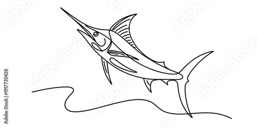 A black and white line drawing of a marlin fish jumping out of the water in a simple sketch style.