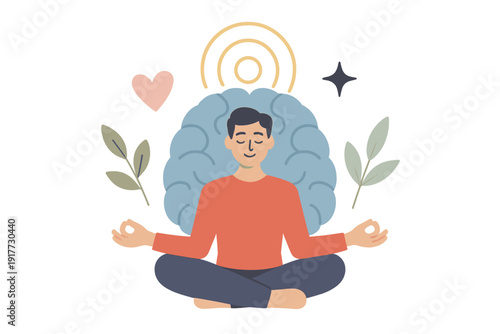 A man sits in a meditation pose with a large blue brain behind him. The scene includes a pink heart, a star, and green leaves, representing mental health and mindfulness.