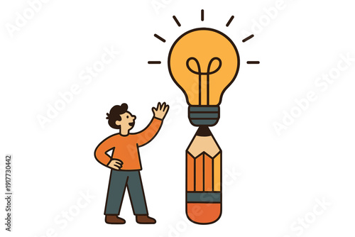 A simple flat illustration features a man gesturing toward a giant pencil topped with a bright yellow light bulb, representing inspiration and creative thinking.