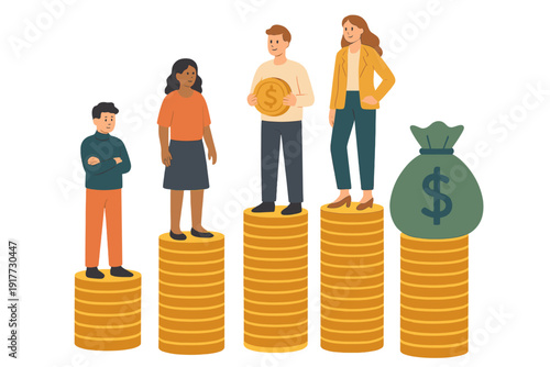 An illustration of diverse individuals standing on increasing stacks of gold coins. One man holds a coin while a large money bag with a dollar sign sits on the highest pile.