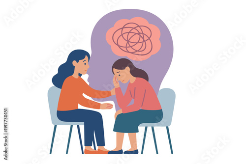 A flat vector illustration showing a woman comforting a distressed friend sitting on a chair. A large silhouette with a tangled thought bubble represents mental health struggles.
