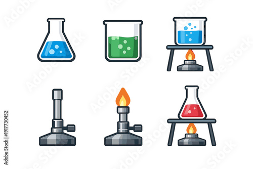 This set of laboratory equipment icons includes beakers and flasks with blue, green, and red liquids, plus gas burners and heating apparatus on a dark background.
