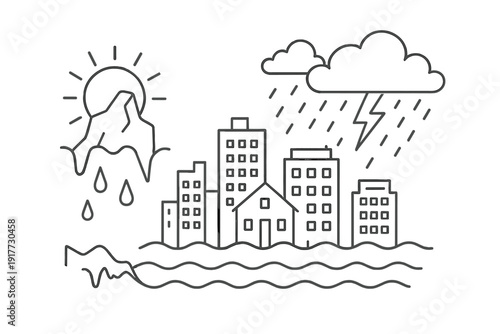 This minimalist line art graphic depicts climate change through a melting glacier, rising sea levels flooding a city, and extreme weather with rain and lightning.