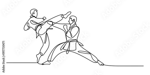 Continuous line drawing of two martial artists practicing karate with a high kick and defensive stance