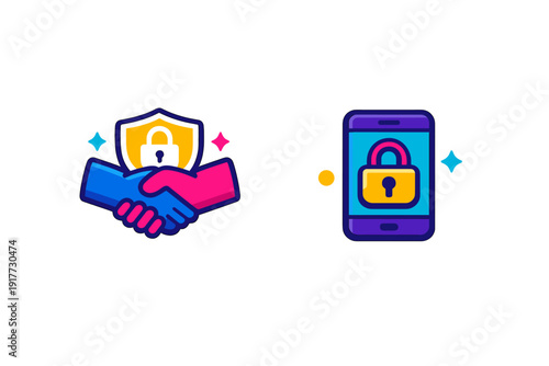 This graphic shows a handshake with a security shield and a mobile phone with a padlock icon, symbolizing safe digital transactions and mobile device protection on a black background.