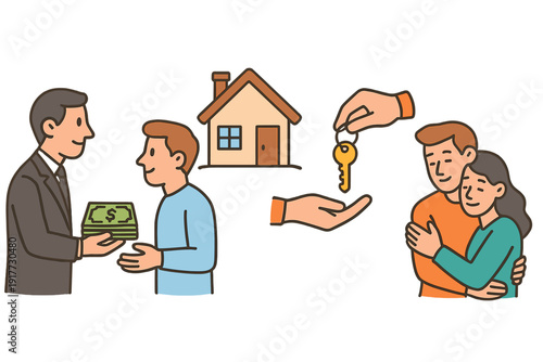A cartoon illustration depicting a real estate transaction where a man hands money to another, keys are exchanged, and a happy couple hugs in front of their new house after a purchase.