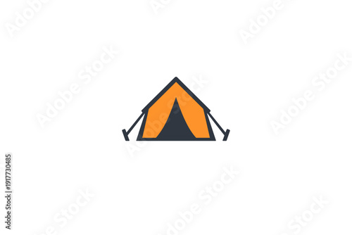 This minimalist flat vector illustration features an orange and dark grey camping tent with guy lines, centered on a solid black background. It represents outdoor adventure and travel.