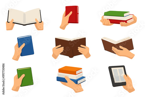 A collection of illustrations showing human hands holding various books and an e-reader. The set includes open books, stacks of books, and single volumes in different colors and positions.