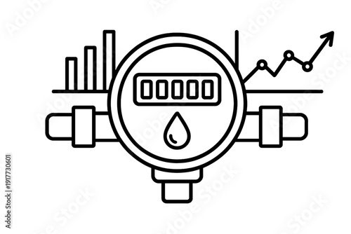 This minimalist line art icon depicts a water meter with a numeric counter and a water drop symbol, flanked by a bar chart and a rising line graph for monitoring consumption.