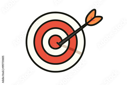 A flat illustration of a red and white circular target with an arrow hitting the center bullseye. The arrow has orange fletching and is set against a solid black background.