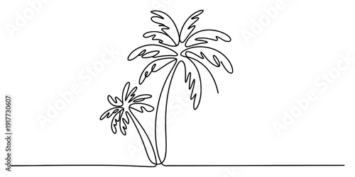 Continuous line drawing of two palm trees on a beach with a minimalist aesthetic style. Vector, illustration