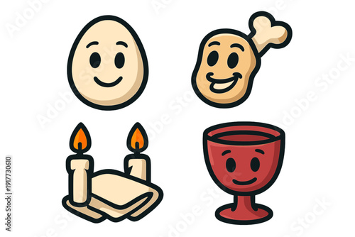A collection of four cartoon character heads representing Passover Seder items including a smiling egg, a chicken leg, lit candles with matzah, and a red wine goblet on a black background.