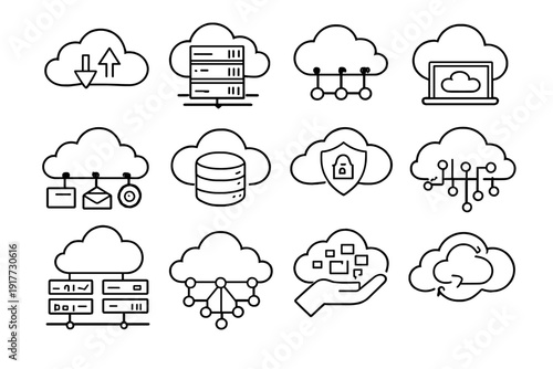Twelve minimalist white line icons depicting various cloud computing services including data storage, network connectivity, and security, isolated on a black background.