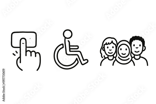 Three black line art icons representing digital interaction, accessibility for people with disabilities, and human diversity including different ethnicities and cultures.