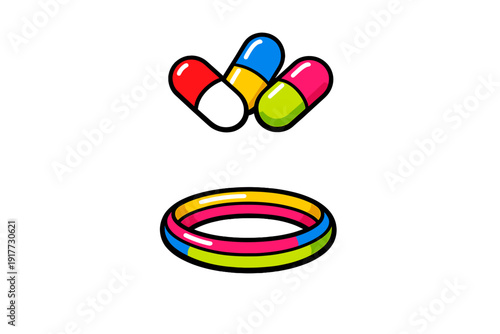 A vibrant illustration shows three multicolored pills hovering over a circular hoop. The artwork uses bold black outlines and bright colors against a solid dark background.