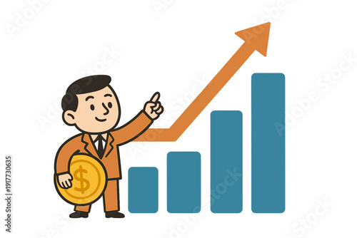 A cartoon businessman in an orange suit holds a large gold dollar coin while pointing at a rising orange arrow and a blue bar chart showing financial growth and success.