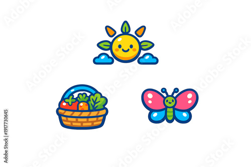 A set of three cute cartoon icons featuring a smiling sun with clouds, a basket filled with fresh vegetables like carrots and tomatoes, and a colorful butterfly on a black background.