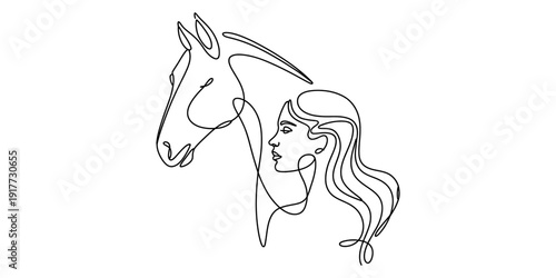 Elegant single line drawing of a woman's face combined with a horse's head profile Vector, illustration