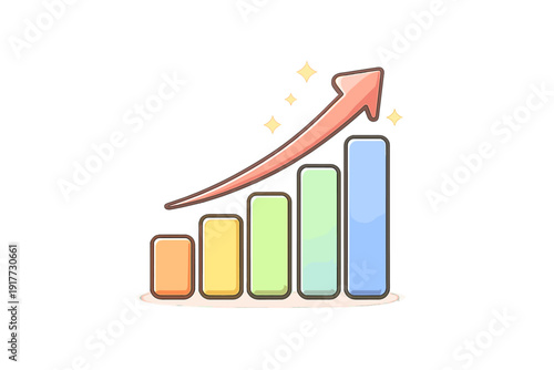 This illustration features a colorful bar chart with five columns of increasing height and a red arrow pointing upwards, accompanied by sparkling stars on a black background.