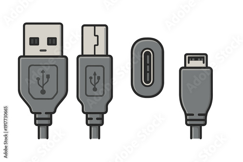 A flat vector illustration showing different types of USB connectors including USB-A, Mini-USB, Micro-USB, and a USB-C port on a black background. Useful for technology and hardware concepts.