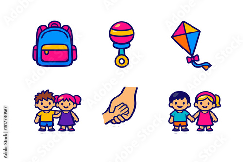 A collection of six colorful cartoon stickers featuring a backpack, a baby rattle, a kite, children standing together, and hands holding, all set against a solid black background.