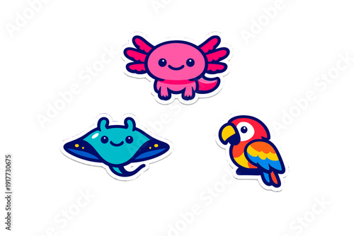 Three cute cartoon animal stickers featuring a pink axolotl, a blue stingray, and a colorful parrot. Each character has a white border and is set against a solid black background.