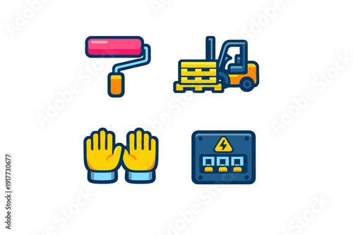 A set of four colorful industrial icons featuring a pink paint roller, an orange forklift with a yellow pallet, yellow work gloves, and a blue electrical panel with a lightning bolt.