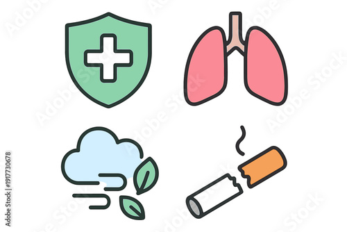 A set of four flat icons featuring a medical shield, human lungs, a cloud with leaves representing clean air, and a broken cigarette to promote a healthy lifestyle without tobacco.