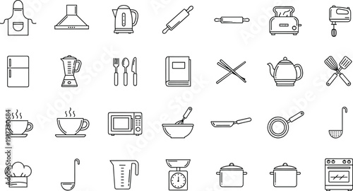 Kitchen icons collection, cooking tools, culinary utensils, black and white design, food preparation symbols, chef equipment, modern kitchen art, appliance illustration