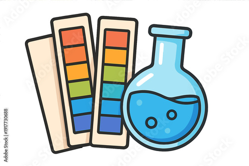 A cartoon illustration featuring a round laboratory flask filled with blue liquid and bubbles, positioned next to two vertical color palette swatches showing a rainbow spectrum.