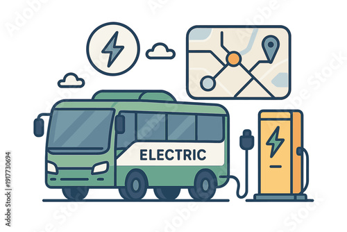 This flat illustration shows a green electric bus connected to a charging station. Above it are icons for a map route and a lightning bolt, symbolizing sustainable public transit.